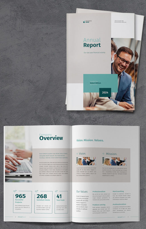 Annual Report Brochure with Turquoise and Beige Accents