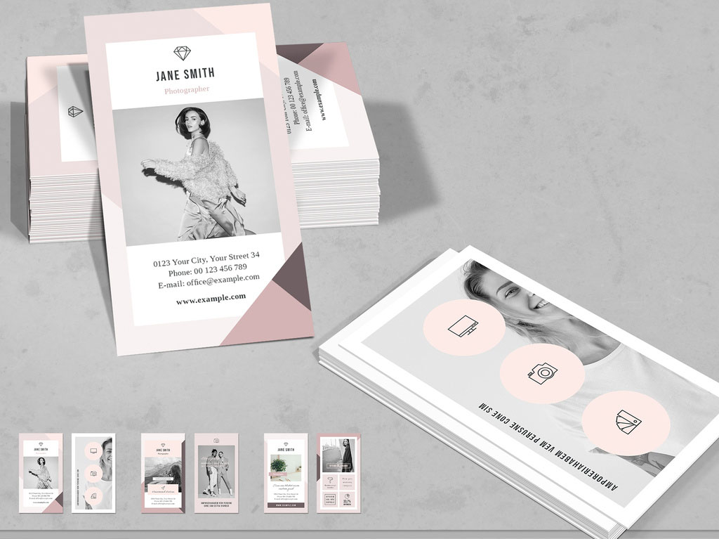 Business Card Layouts with Icons and Pink Accents