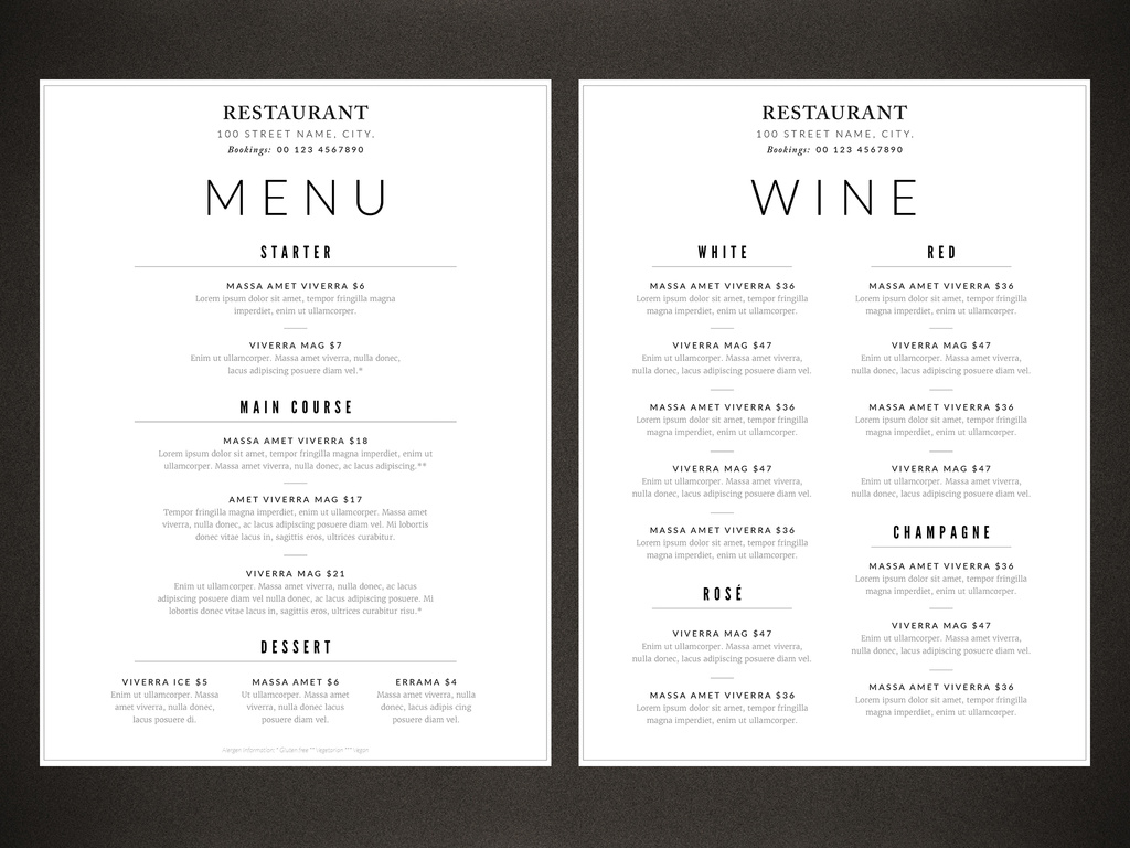 Food and Wine Menu Layout in Two Sizes