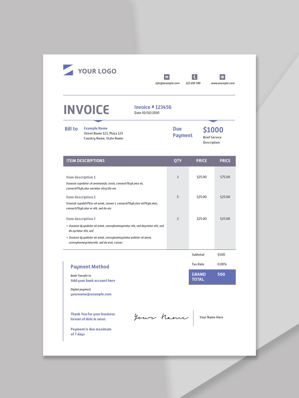 Invoice Layout with Blue Color