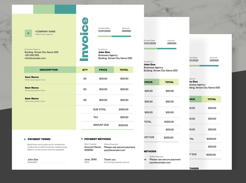 Invoice Layout with Green Accents