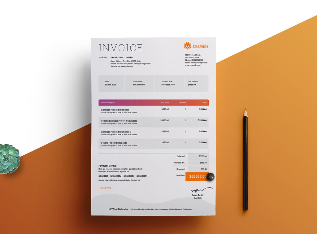 Invoice Layout with Pink to Orange Gradient Elements