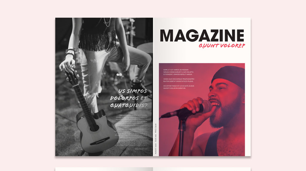 Magazine Layout with Red Overlay Elements