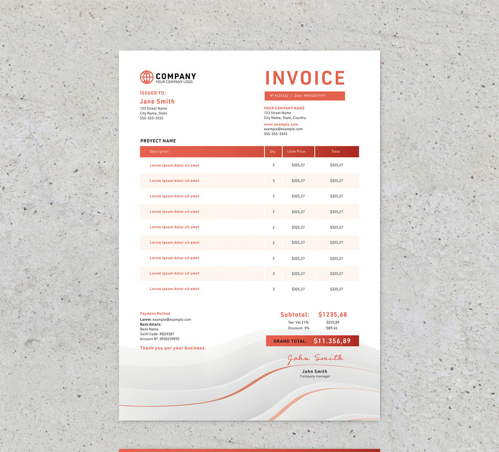 Red Business Style Invoice, Letter and Proyect Brief