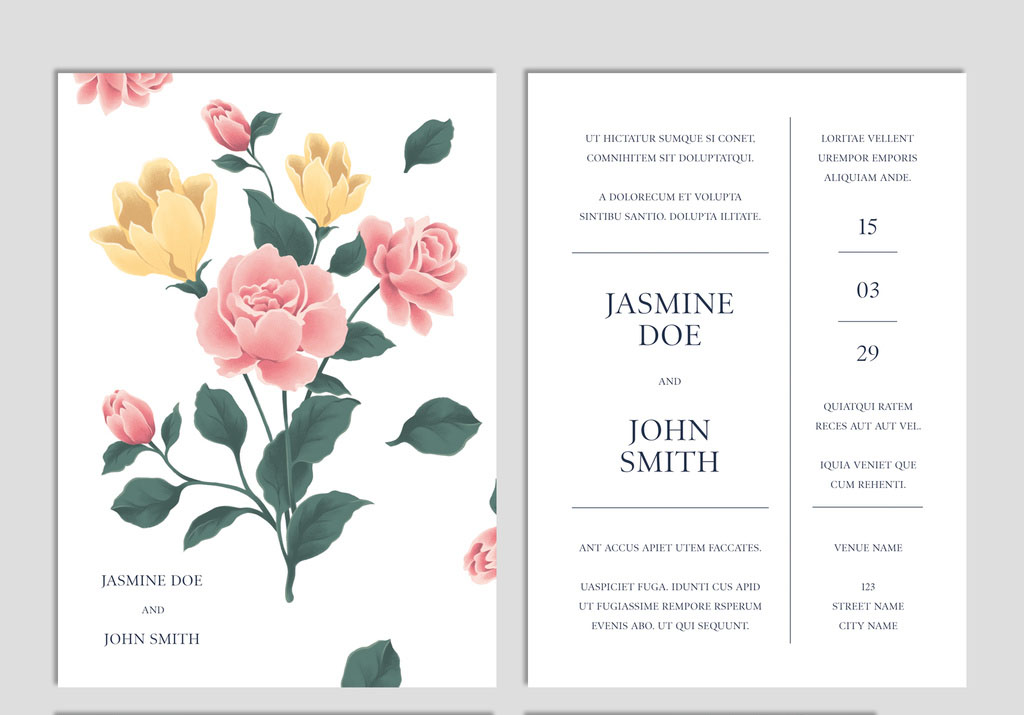 Wedding Suite with Yellow and Pink Flower Illustrations
