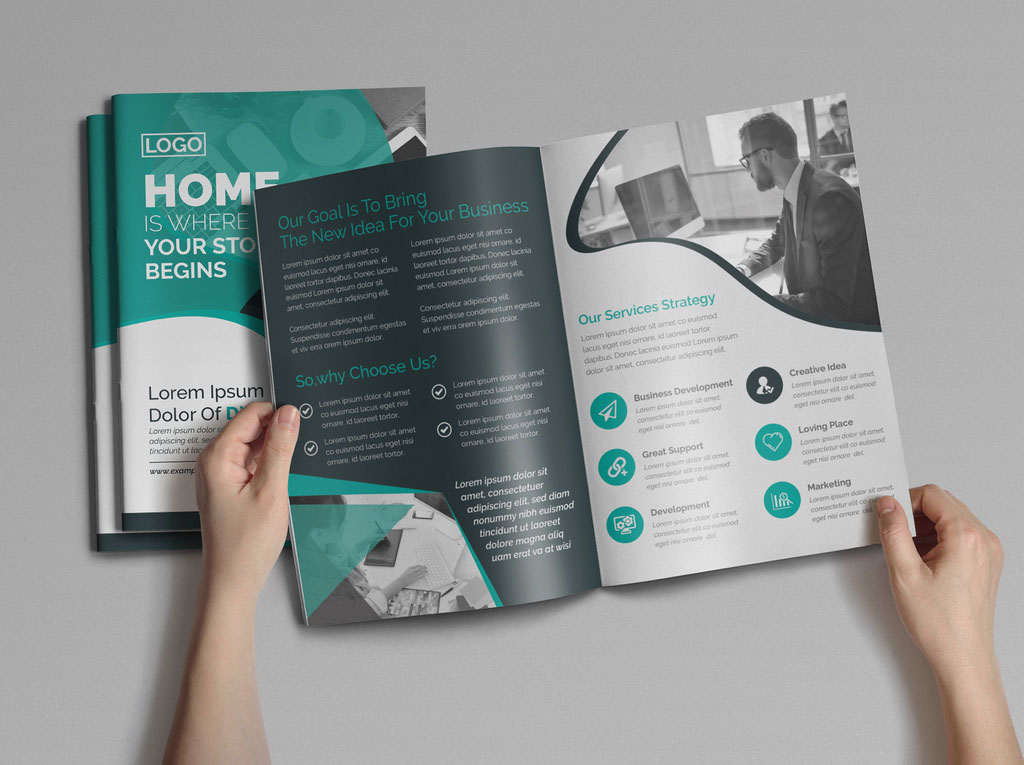 Bifold Brochure Layout with Teal Accents