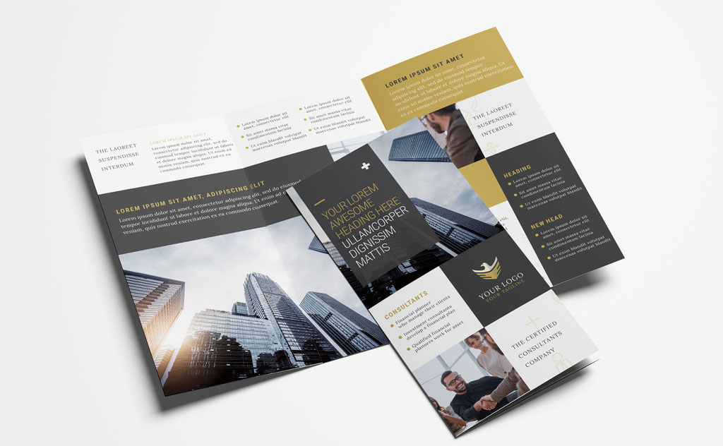 Business Brochure for Investment Consultants with Elegant Black and Gold theme Trifold