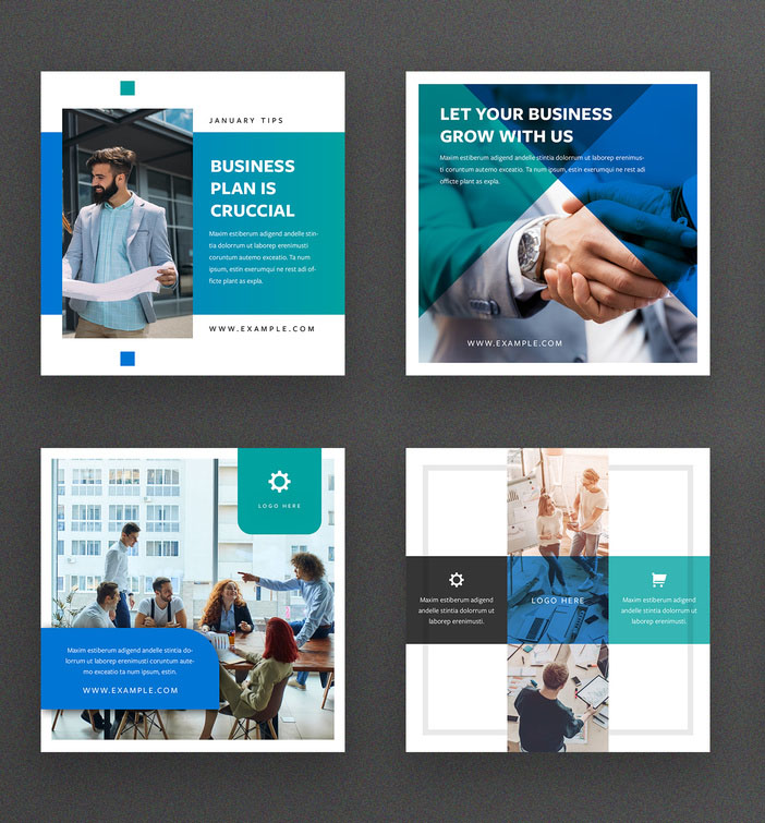 Business Social Media Post Layout Set with Blue and Teal Gradient Elements