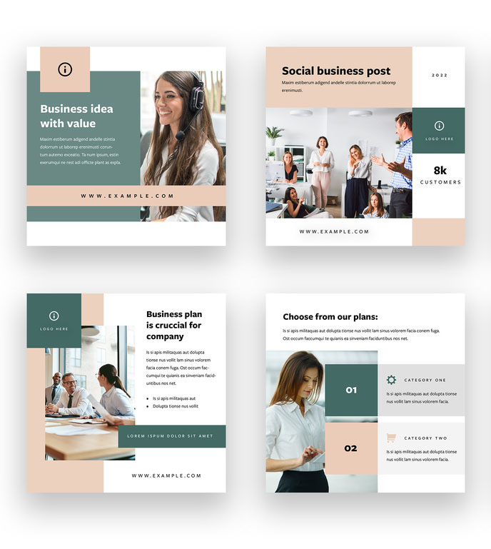 Business Social Media Post Layout Set with Green and Cream Accents