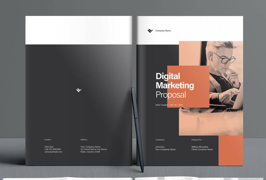 Digital Marketing Proposal Booklet Layout with Black and Brown Accents