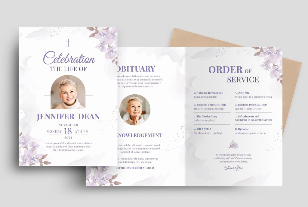 Funeral Program Memorial Service Obituary Layout with Purple Watercolor Floral Flowers