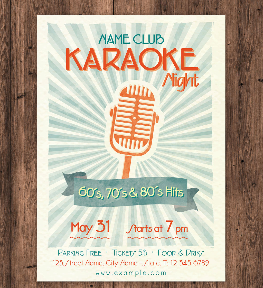 Karaoke Open Mic Poster with Orange and Blue Print Elements