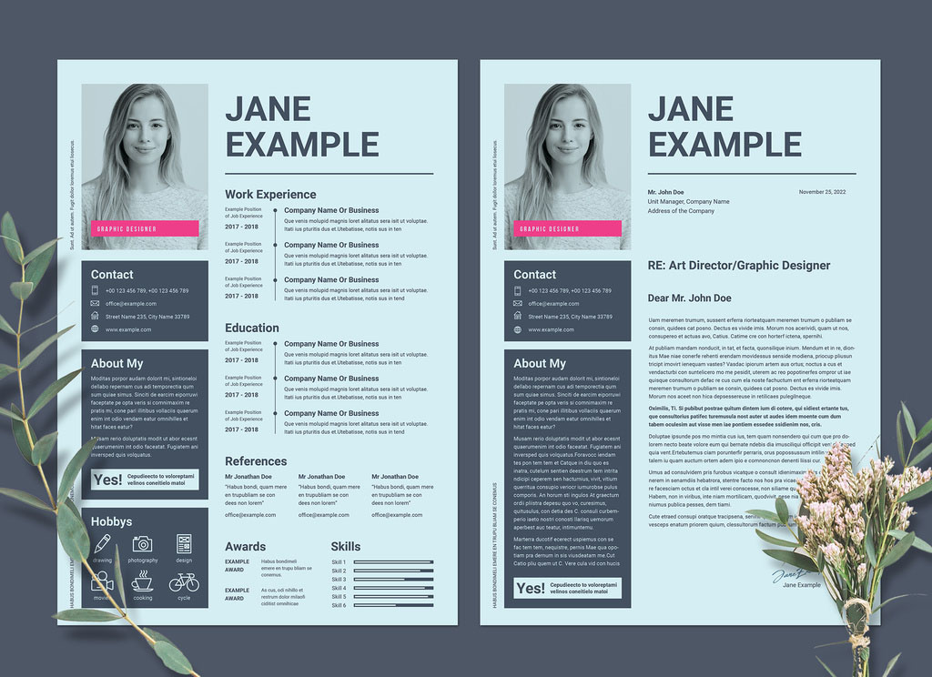 Resume and CV Layout in Pale Blue with Pink Accents
